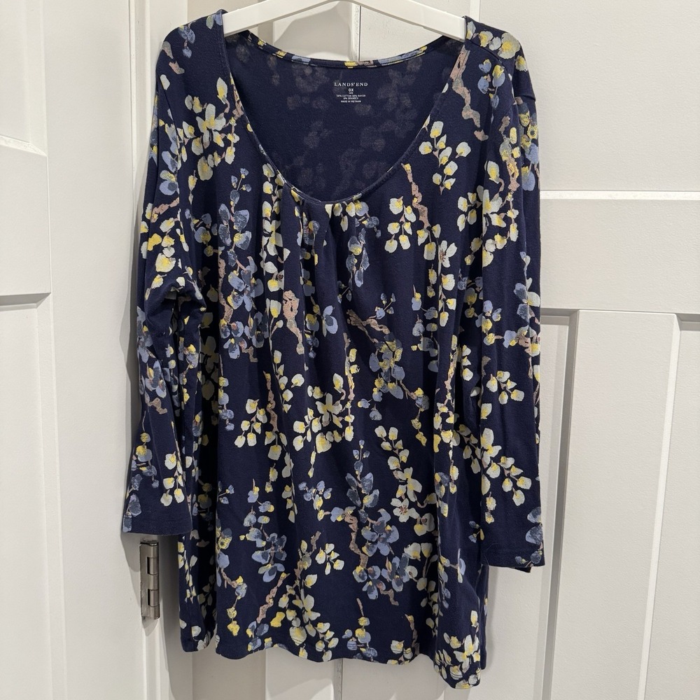 Lands End Womens Size 0X Navy Blue Floral Long Sleeve Blouse
